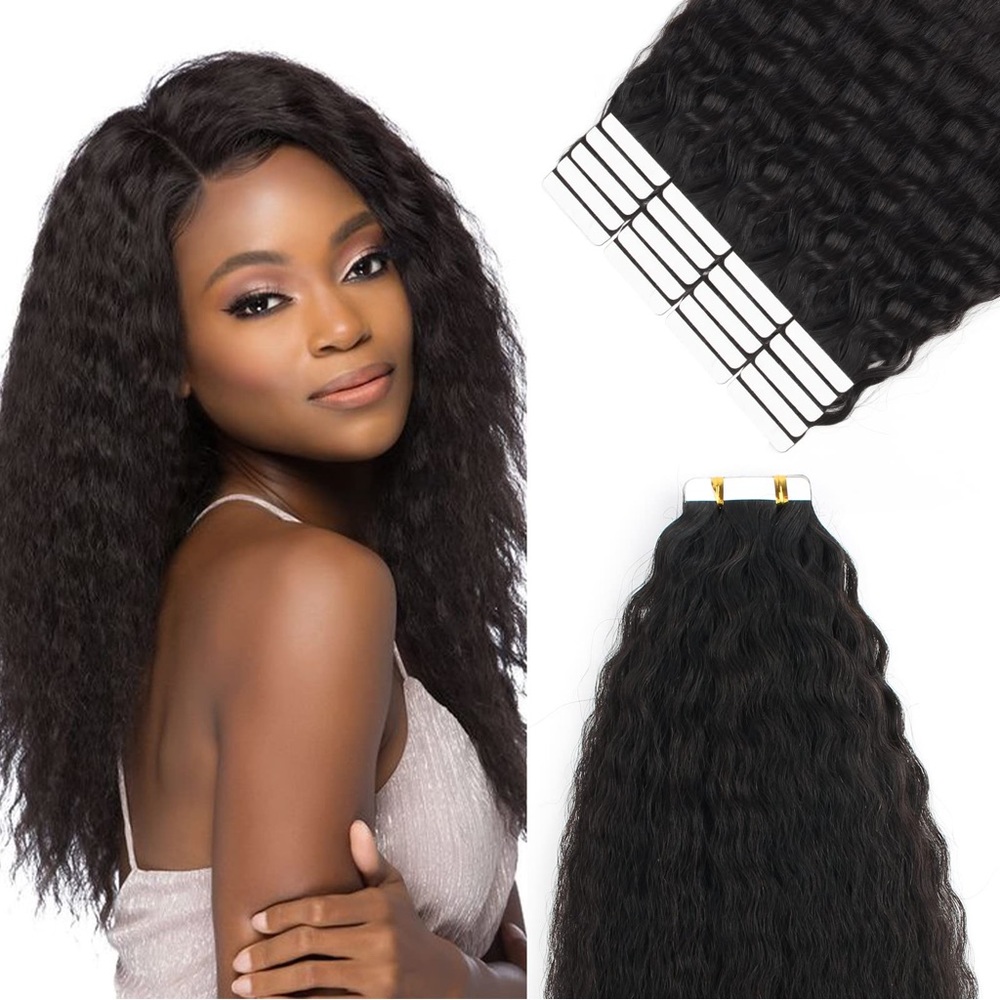 HUMAN HAIR Natural Black Kinky Straight Tape Ins Hair Extensions Reusable 50g